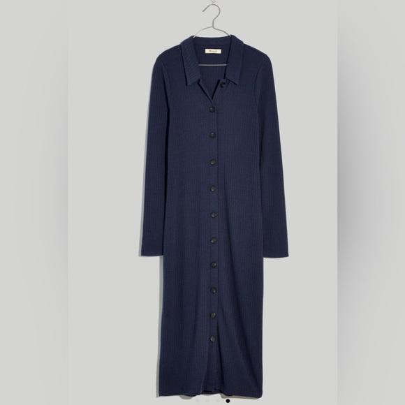 Madewell Button-Front collared Midi Shirtdress Long-sleeve size L dark Baltic - Picture 1 of 10